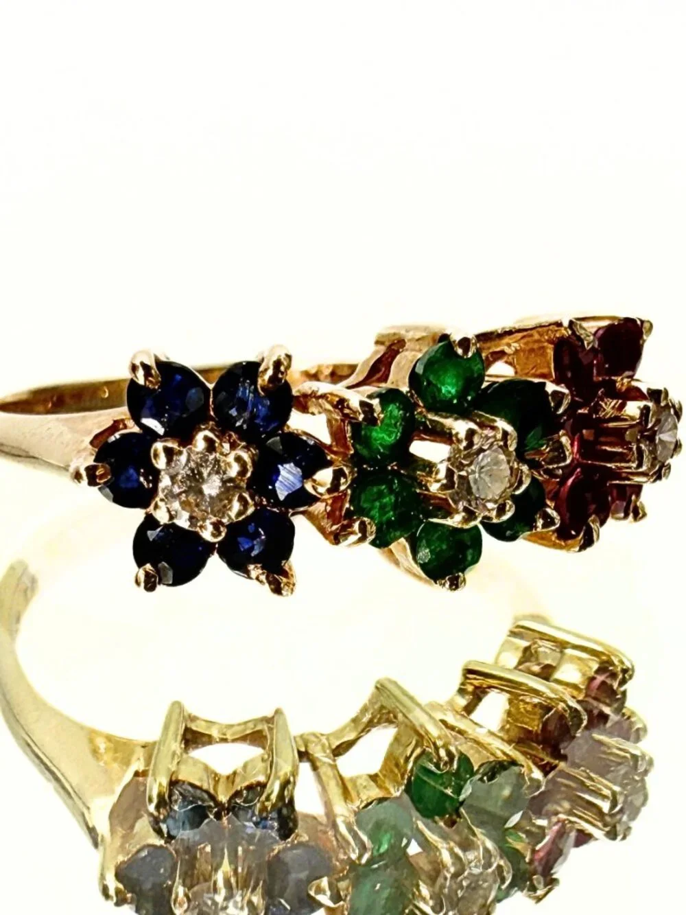 Estate 14K Gold Lab Emerald Diamonds Ruby Sapphire Floral Cluster Ring Sz 5